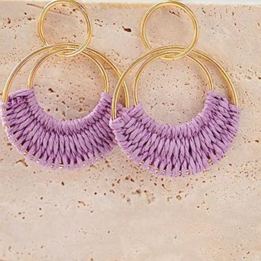 Lavender Woven Raffia Gold Hoop Earrings Wicker Hoops Links Post Vacay Style New
